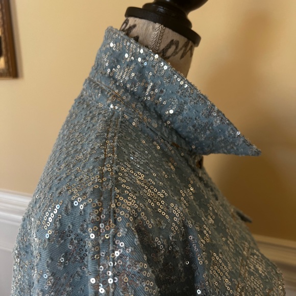 Oversized-Raw edge hem, Sequins Denim/Jeans cropped-Long sleeves Stretch Jacket. - Picture 6 of 16